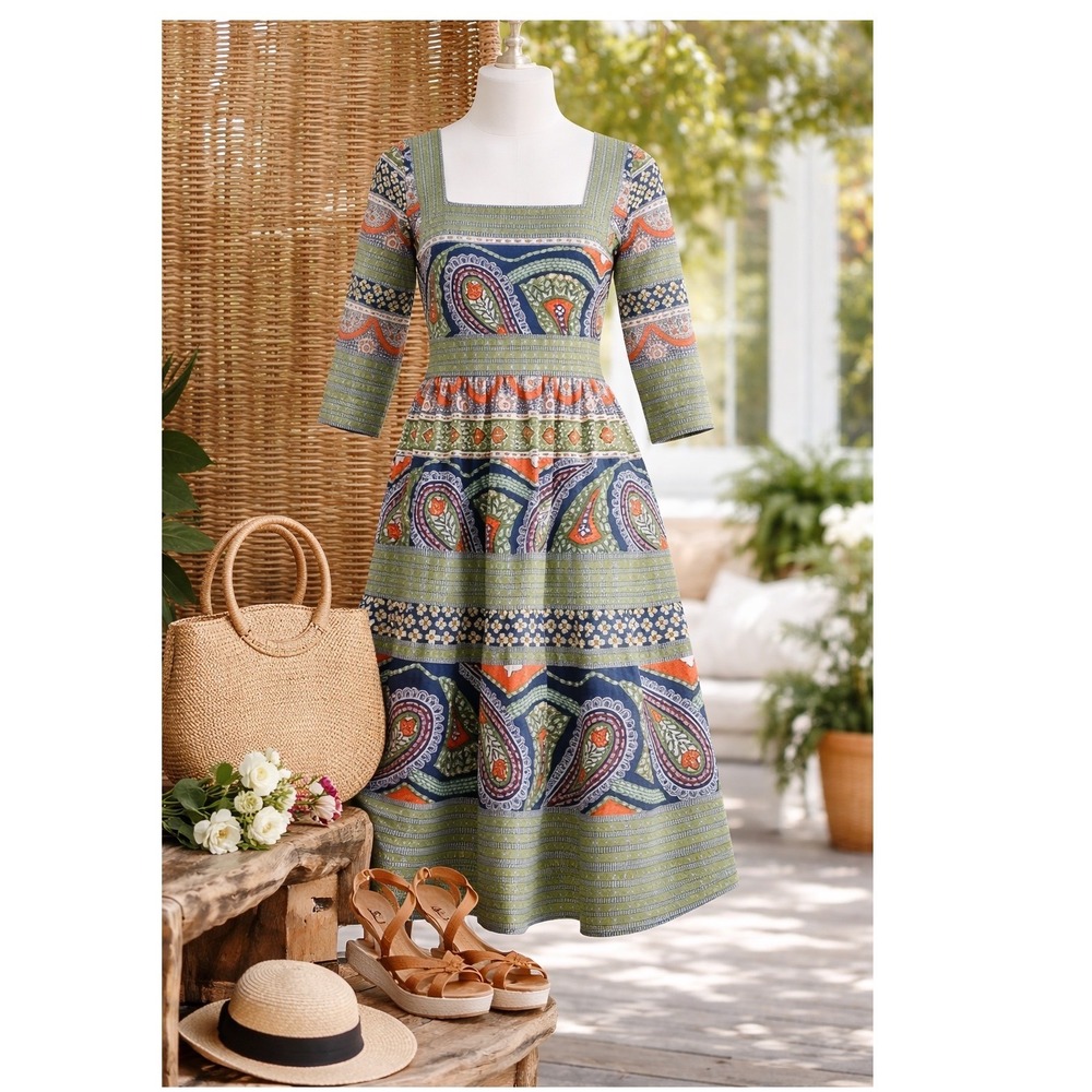 Gretchen Scott Paisley Park Dress XS Square Neck Boho Midi Resort Preppy Artsy